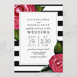 Invitación Rosa rosa Floral Negro + Boda de franja blanca