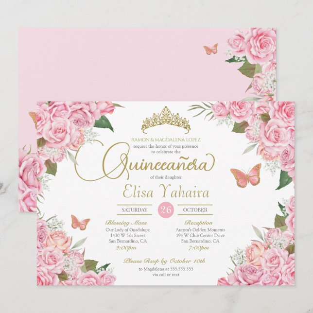 Invitación Rosa Rosa Floral Oro Tiara Mariposa Quinceanera (Anverso / Reverso)