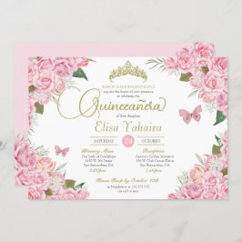 Invitación Rosa Rosa Floral Oro Tiara Mariposa Quinceanera