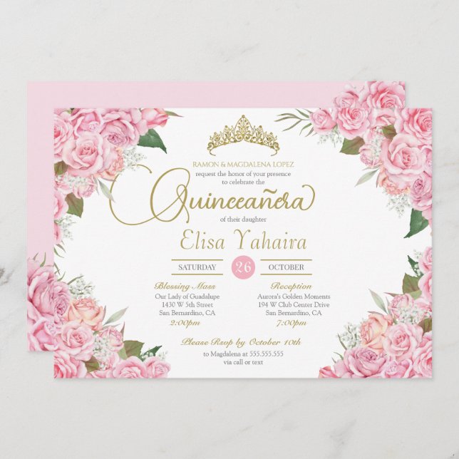 Invitación Rosa Rosa Floral Oro Tiara Quinceanera (Anverso / Reverso)