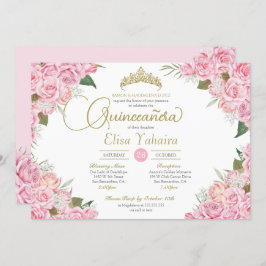 Invitación Rosa Rosa Floral Oro Tiara Quinceanera