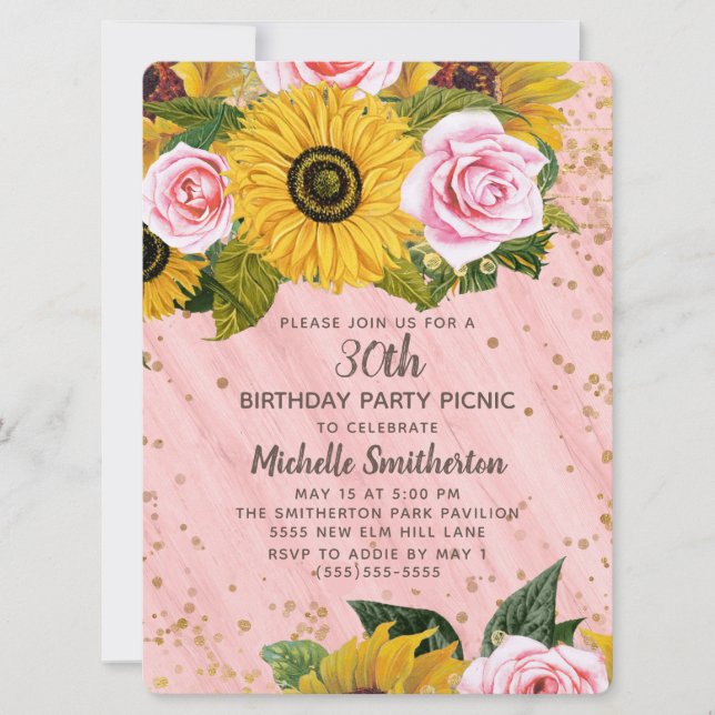 Invitación Rosa rosa girasoles Purpurina de oro 30 cumpleaños (Anverso)
