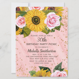 Invitación Rosa rosa girasoles Purpurina de oro 30 cumpleaños