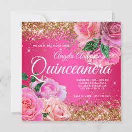 Invitación Rosa Rosa Glam Quinceañera, Purpurina de oro espum