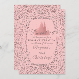 Invitación Rosa Rosa Gold Royal Castle Princess Sweet 16