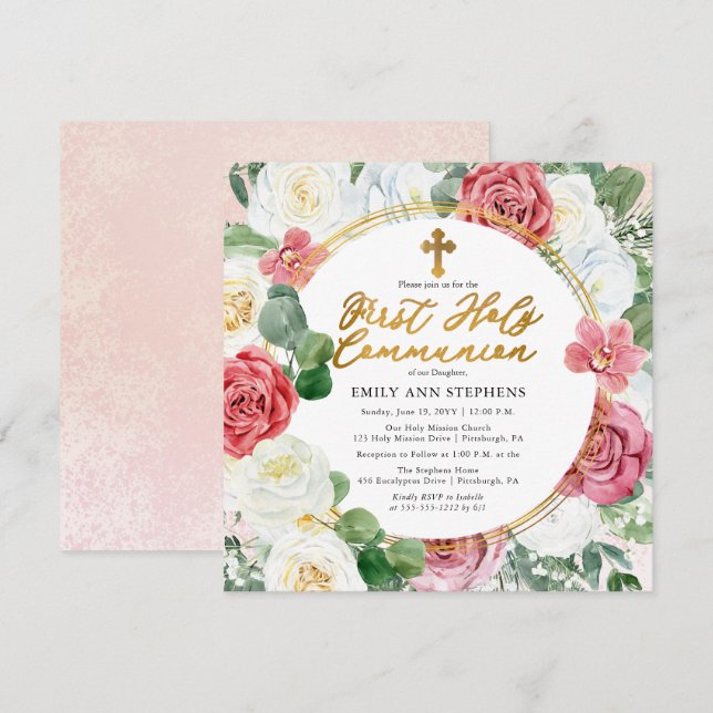 Invitación Rosa rosa | Marco floral dorado Primera comunión s (Anverso / Reverso)