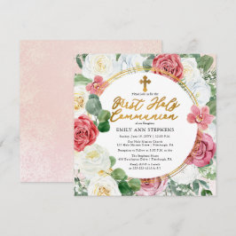 Invitación Rosa rosa | Marco floral dorado Primera comunión s
