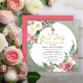 Invitación Rosa rosa | Marco floral dorado Primera comunión s