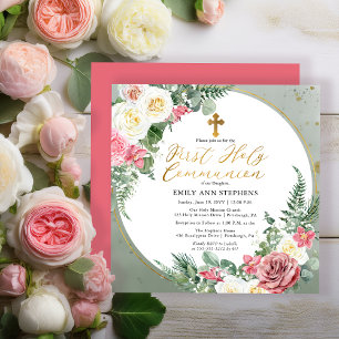 Invitación Rosa rosa Marco floral dorado Primera comunión s