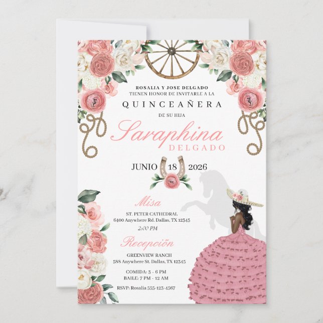 Invitación Rosa rosa Mariachi Occidental Novia Quinceañera (Anverso)