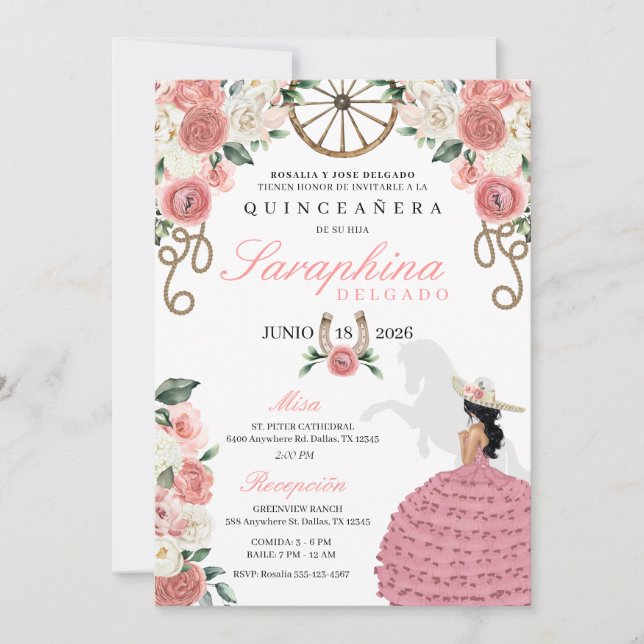 Invitación Rosa rosa Mariachi Occidental Novia Quinceañera (Anverso)