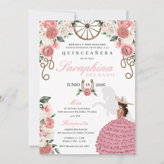 Invitación Rosa rosa Mariachi Occidental Novia Quinceañera (Anverso)