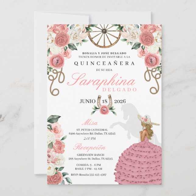Invitación Rosa rosa Mariachi Occidental Novia Quinceañera (Anverso)