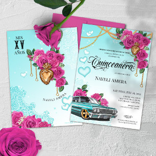 Invitación Rosa Rosa Milagro Corazón Chola Lowrider Quinceane
