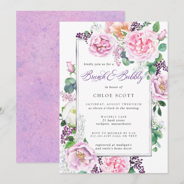 Invitación Rosa rosa morado brunch floral nupcial burbujeante (Anverso / Reverso)