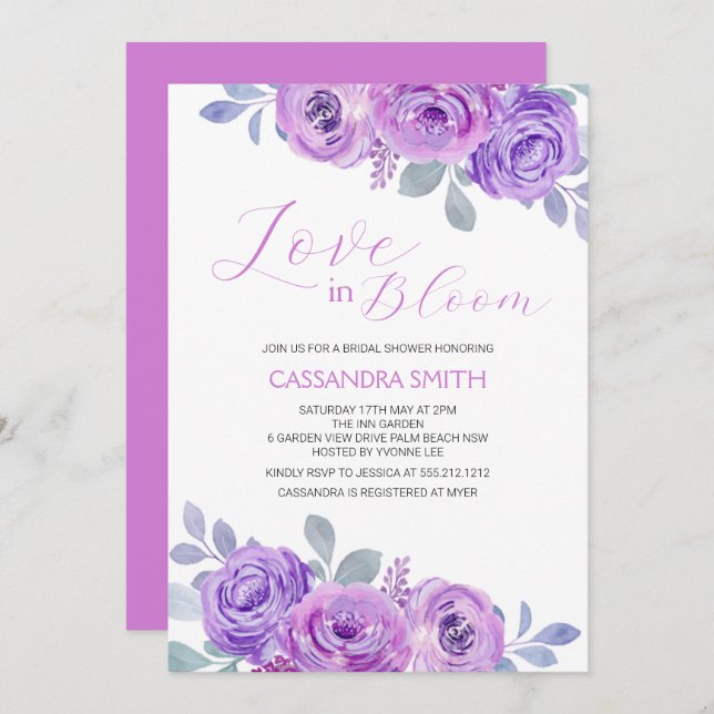 Invitación Rosa rosa morado floral ducha de novia (Anverso / Reverso)