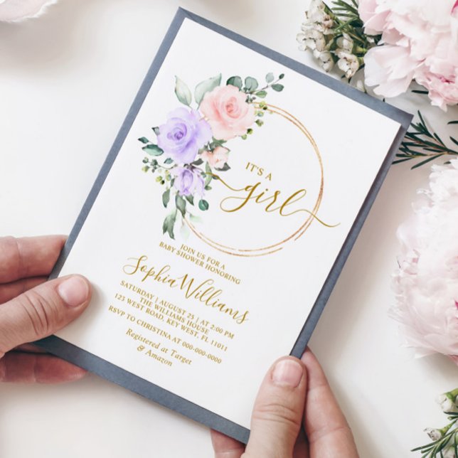 Invitación Rosa rosa morado y Baby Shower de la guirnalda dor (Subido por el creador)