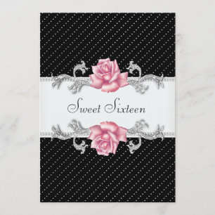 Invitación Rosa Rosa Negro Polka Dot Dulce Dieciséis Cumpleañ