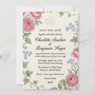 Invitación Rosa Rosa, Nomeolvides, Hiedra, y Cresta Acuarela