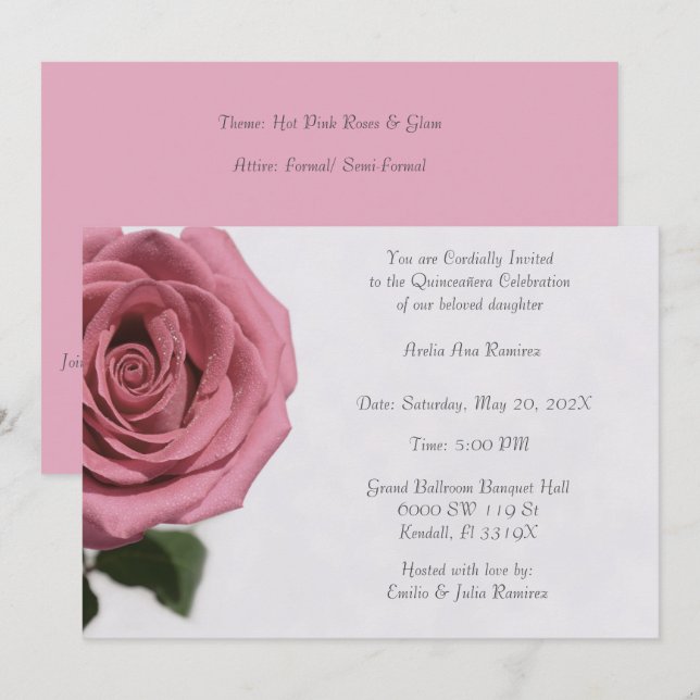Invitación Rosa rosa pálido claro Quinceañera (Anverso / Reverso)