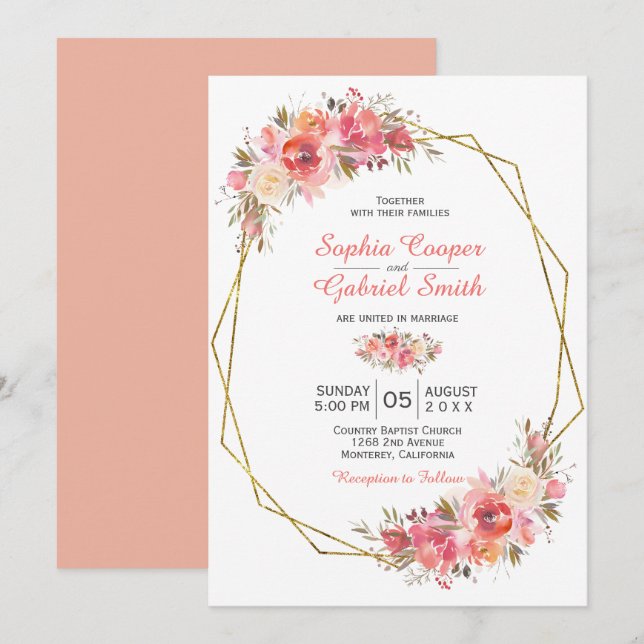 Invitación Rosa rosa pastel Floral | Boda de marco dorado (Anverso / Reverso)