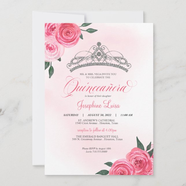 Invitación Rosa Rosa Plata Tiara Quinceañera Watercolor (Anverso)