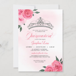Invitación Rosa Rosa Plata Tiara Quinceañera Watercolor
