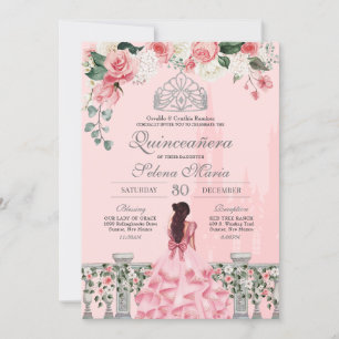 Invitación Rosa rosa Plata Tiara Real Princesa Quinceañera