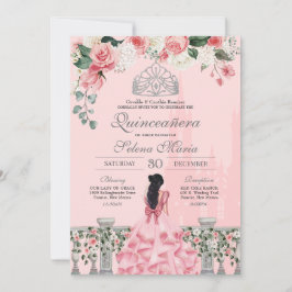 Invitación Rosa rosa Plata Tiara Real Princesa Quinceañera