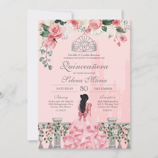 Invitación Rosa rosa Plata Tiara Real Princesa Quinceañera (Anverso)