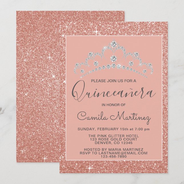 Invitación Rosa - Rosa Purpurina de oro y espuma Quinceanera (Anverso / Reverso)