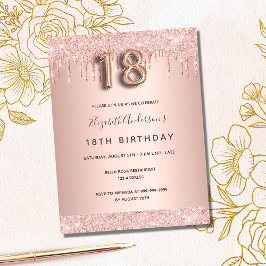 Invitación rosa rosa purpurina oro de 18 años