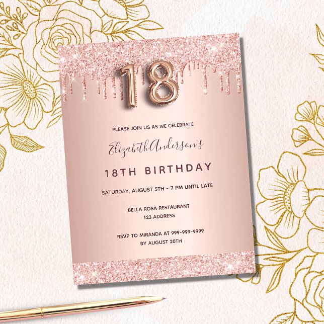 Invitación rosa rosa purpurina oro de 18 años (Subido por el creador)
