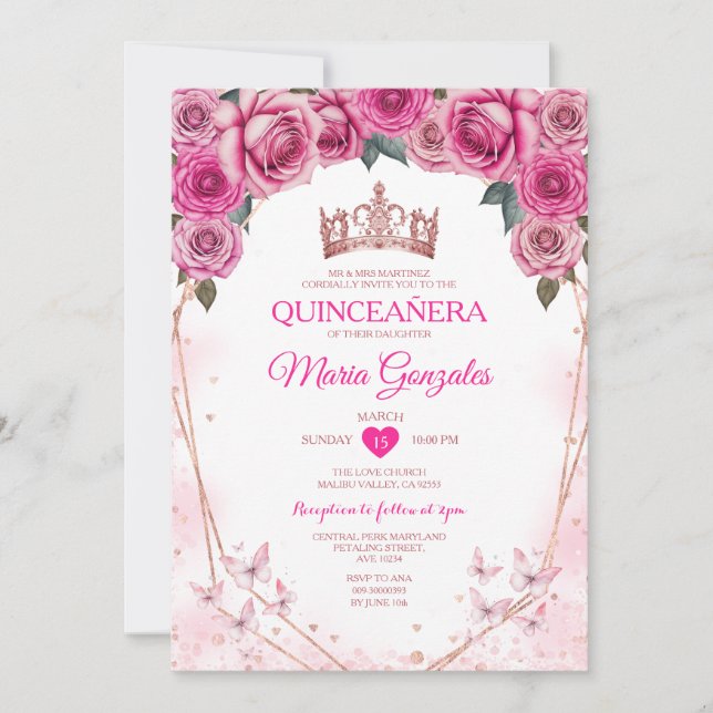 Invitación Rosa rosa Quinceañera Mariposa Corona 15 Anos (Anverso)