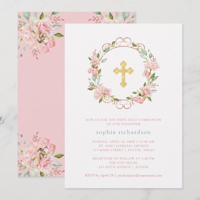 Invitación Rosa Rosa Rosa cruza el oro Floral Primera Comunió (Anverso / Reverso)