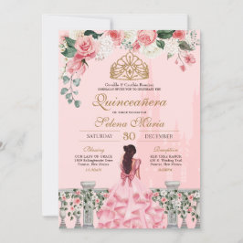 Invitación Rosa Rosa Rosa Dorada Princesa Fairytale Quinceañe