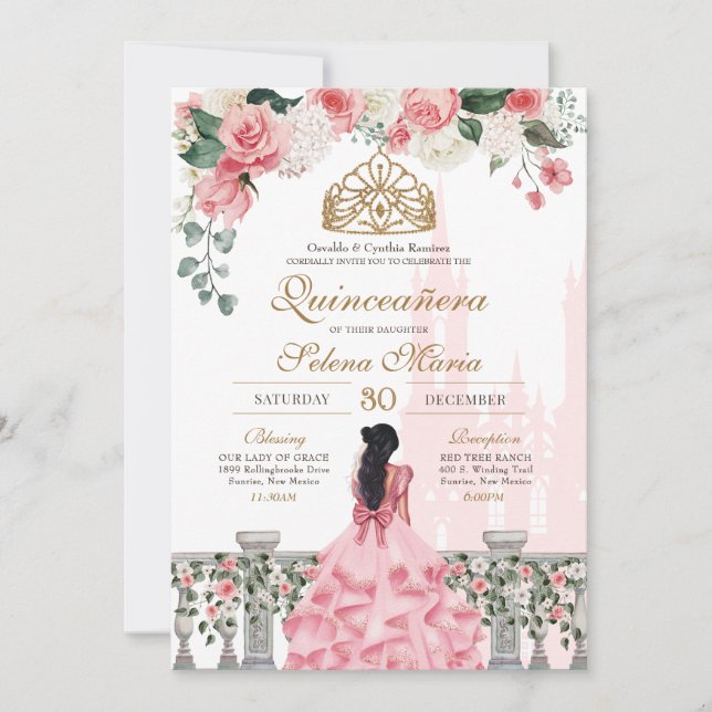 Invitación Rosa Rosa Rosa Dorada Princesa Fairytale Quinceañe (Anverso)
