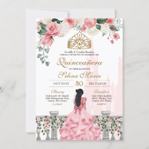 Invitación Rosa Rosa Rosa Dorada Princesa Fairytale Quinceañe