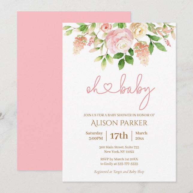 Invitación Rosa Rosa Rosa Elegante Chica Floral Baby Shower (Anverso / Reverso)