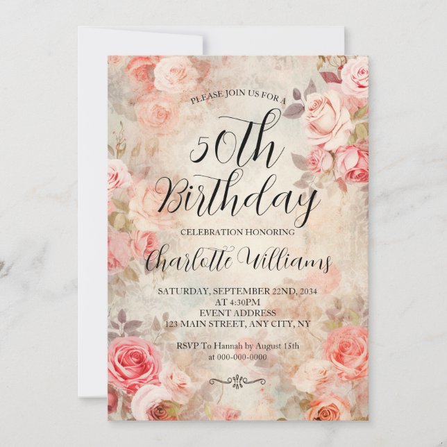 Invitación Rosa Rosa Rosa Elegante cumpleaños número 50 (Anverso)
