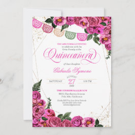 Invitación Rosa Rosa Rosa Elegante Fiesta Floral Quinceañera