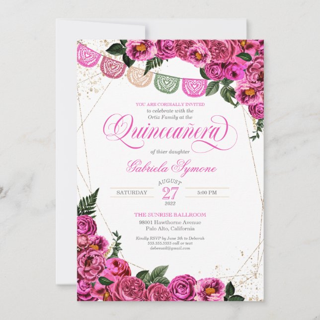 Invitación Rosa Rosa Rosa Elegante Fiesta Floral Quinceañera (Anverso)