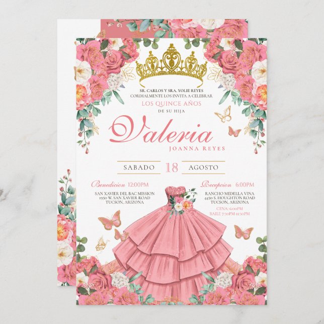 Invitación Rosa Rosa Rosa Elegante Princesa Mariposa Quincean (Anverso / Reverso)