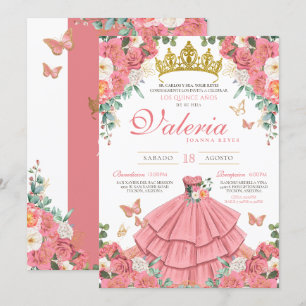 Invitación Rosa Rosa Rosa Elegante Princesa Mariposa Quincean