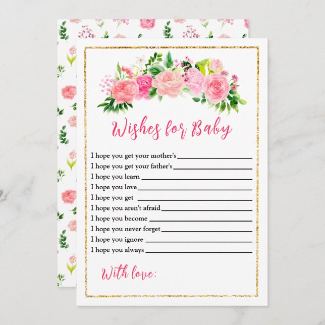 Invitación Rosa Rosa Rosa Floral Baby Shower Desea Bebé (Anverso / Reverso)