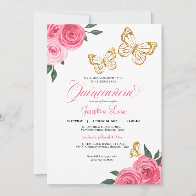 Invitación Rosa Rosa rosa Mariposa Dorada Quinceañera Cumplea (Anverso)