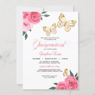 Invitación Rosa Rosa rosa Mariposa Dorada Quinceañera Cumplea