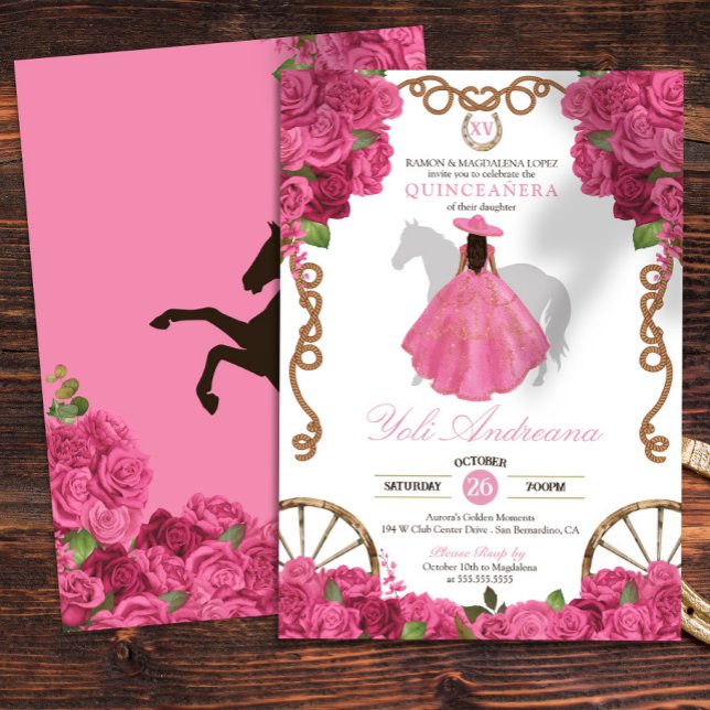 Invitación Rosa Rosa Rosa Occidental Charro Quinceanera (Subido por el creador)