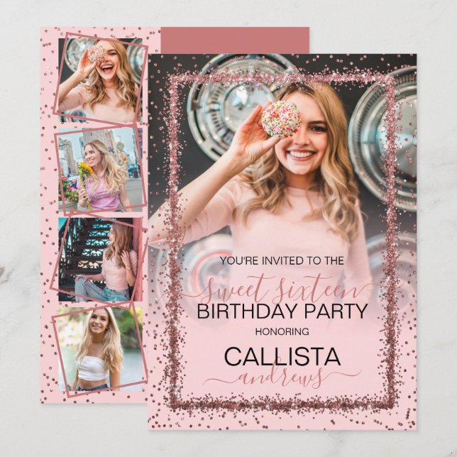 Invitación Rosa Rosa Rosa Oro Confetti Frontera Foto Dulce 16 (Anverso / Reverso)