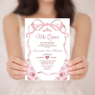Invitación Rosa Rosa Rosa Oro Crown Flor Cinta Cinta Des Quin